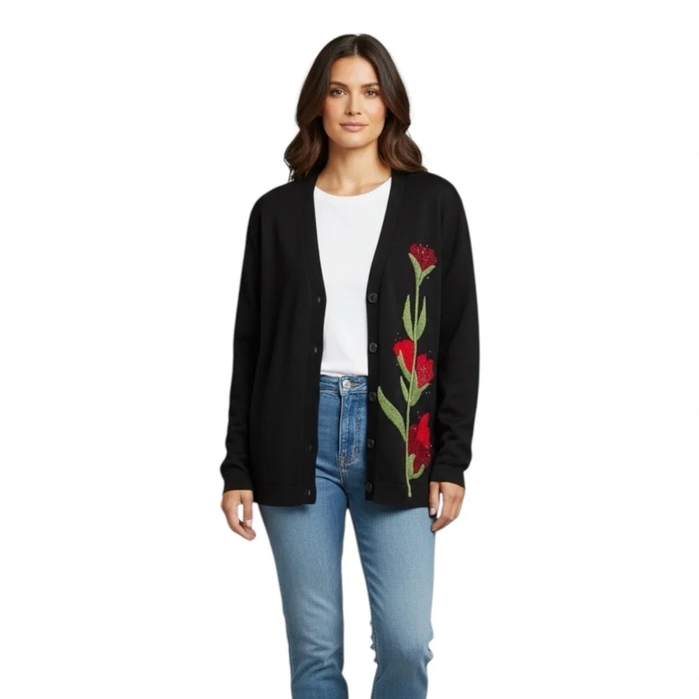 Susan Bristol Wool Hand Embroidered Floral Sweater Cardigan Cottagecore